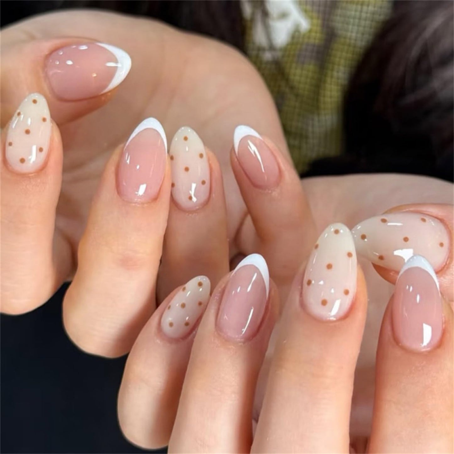 Press On Nails, French Tip Short Pointed Almond Fake Nails with UV Finish, 12 Sizes Quality False Nails, 24Pcs Reusable Press-On Manicure Set with Nail Glue for Women Pattern #05