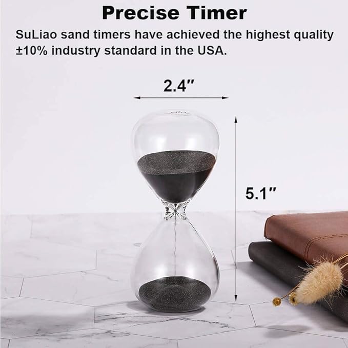 SuLiao Sand Timer 5 Minute Hourglass: 5.1 Inch Black Sand Clock, Large Sand Watch 5 Min, Hour Glass Sandglass for Kids, Games, Classroom, Home, Desk, Office Decorative