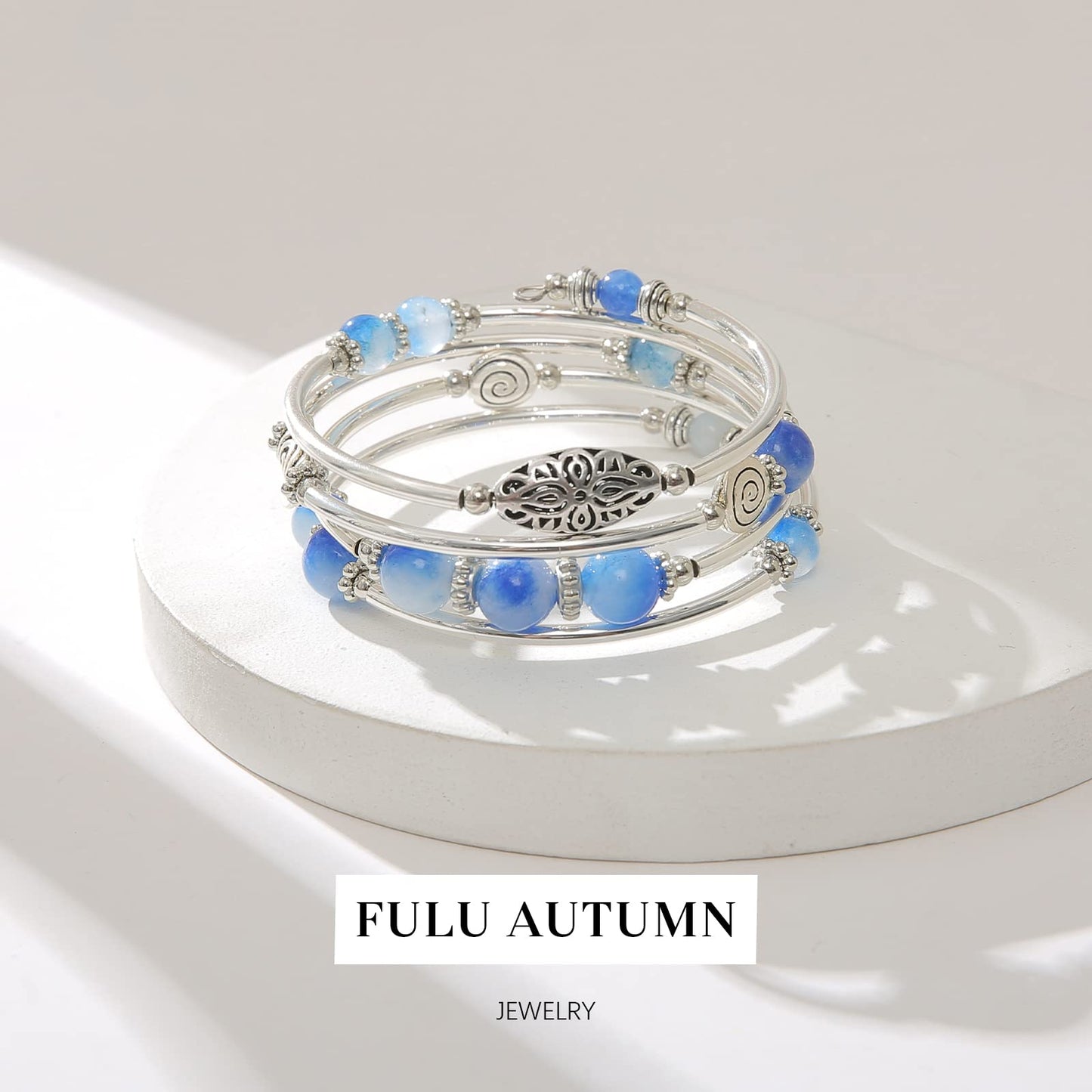 FULU AUTUMN Stackable Beaded Bracelets for Women Boho Wrap Silver Bracelet Layered Fashion Jewelry Gifts for Her(17-Sapphire)