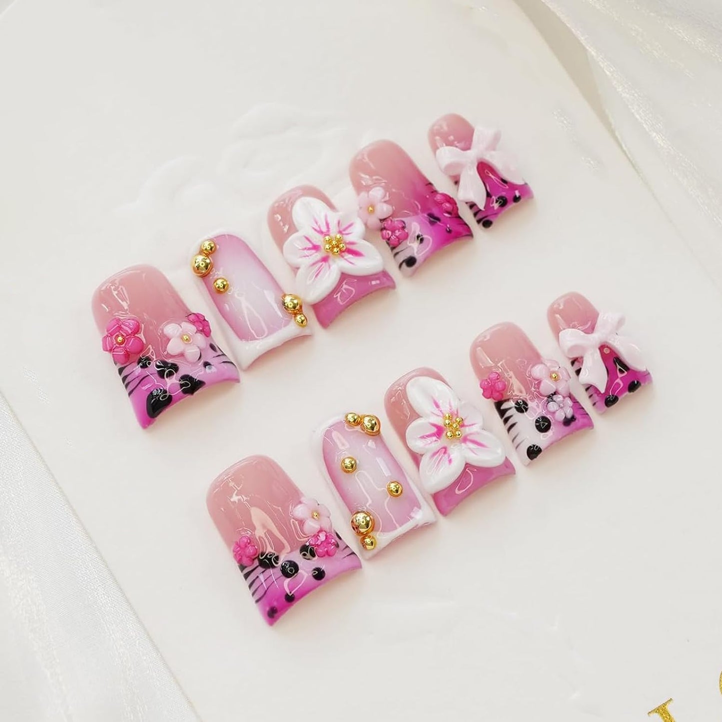 10 Pcs Duck Shaped Handmade Press on Nails Pink French Style with 3D Flower & Bow Designs Multi-Layer Gel Salon Quality False Nails Thick Acrylic Nails Short Stick on Nail for Women (S)