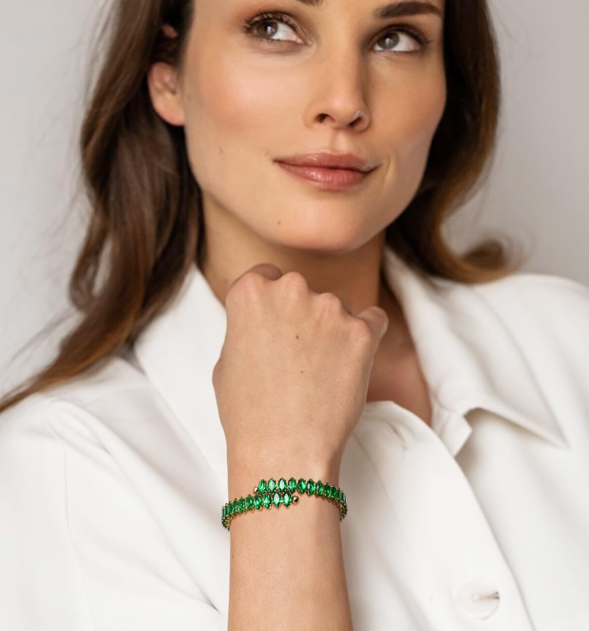 Wovanoo Rhinestone Cuff Bracelet Cubic Zirconia Tennis Bracelets Open Adjustable Elastic Bangle for Women Gold Green