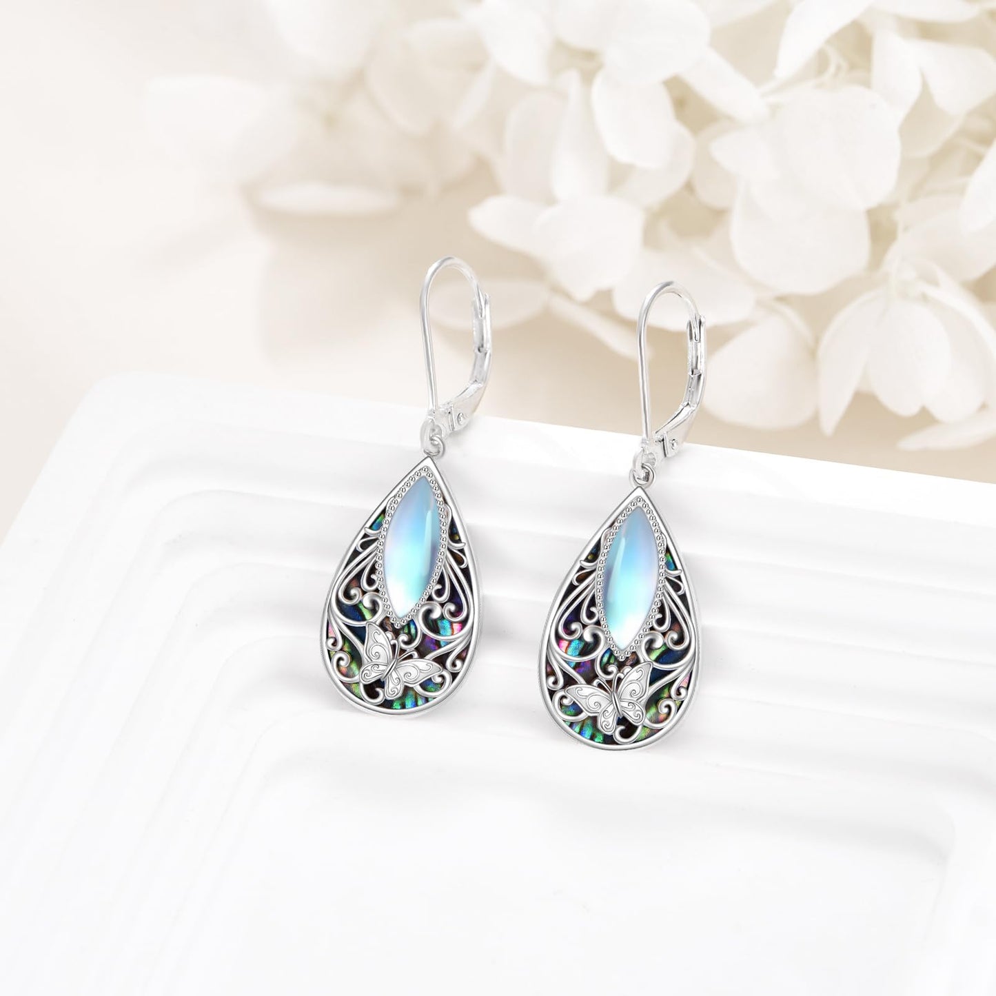 Butterfly Filigree Earrings Sterling Silver Teardrop Abalone Shell Drop Dangle Filigree Leverback Earrings Jewelry Gifts for Women