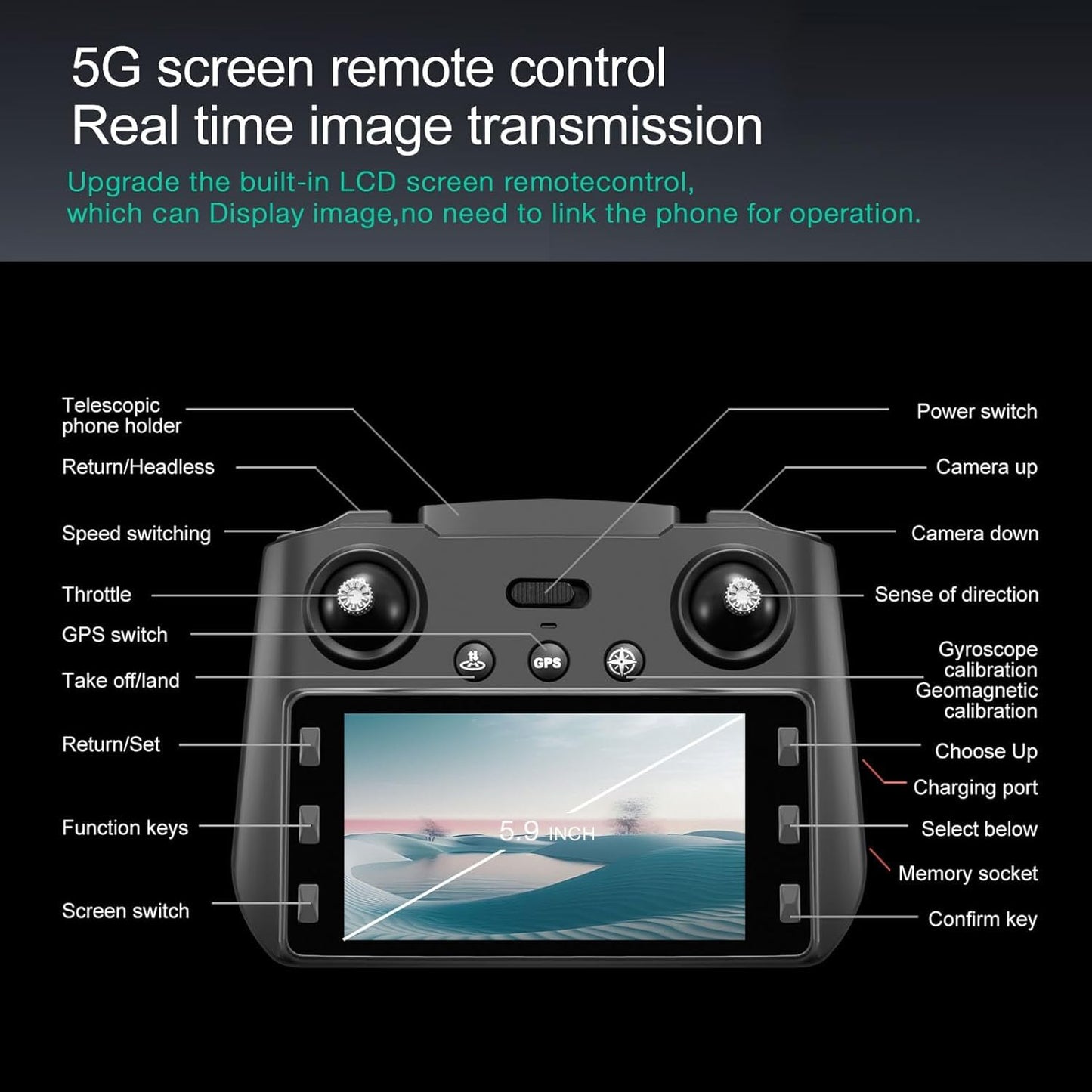 Drone with Camera 4k, GPS HD Drones for Adults, Remote Controller with Screen, Obstacle Avoidance, Brushless Motor FPV, 5G Transmission, 2 Battery, Professional