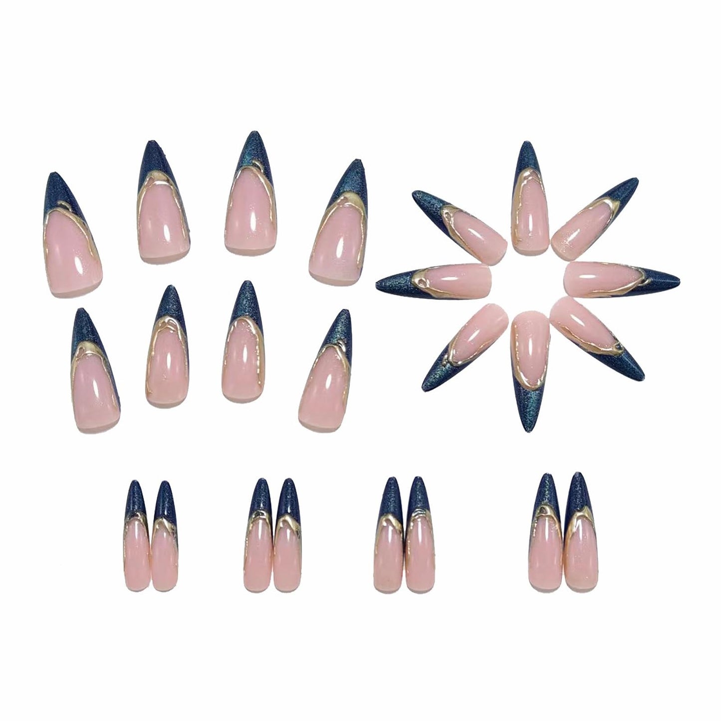 MISUD Press on Nails - Long Stiletto Fake Nails with Blue Cat Eye, Acrylic Gold Chrome Design 24 pcs