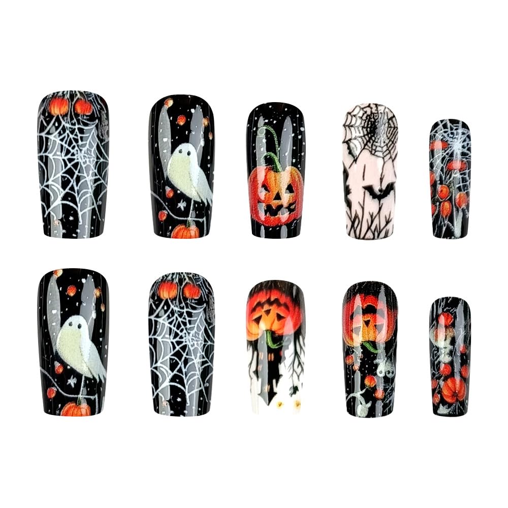 Halloween Press on Nails Medium Square Fake Nail Cobweb Pumpkin False Nails with Castle & Bat Designs Full Cover Glossy Stick on Nail Ghost Glue on Nails for Women 24Pcs