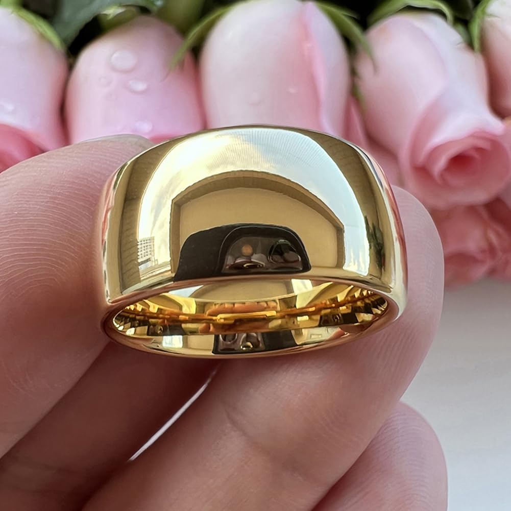 TUTISS 10mm Gold Tungsten Rings for Men Women Engagement Wedding Bands Domed Polished Comfort Fit Size 14