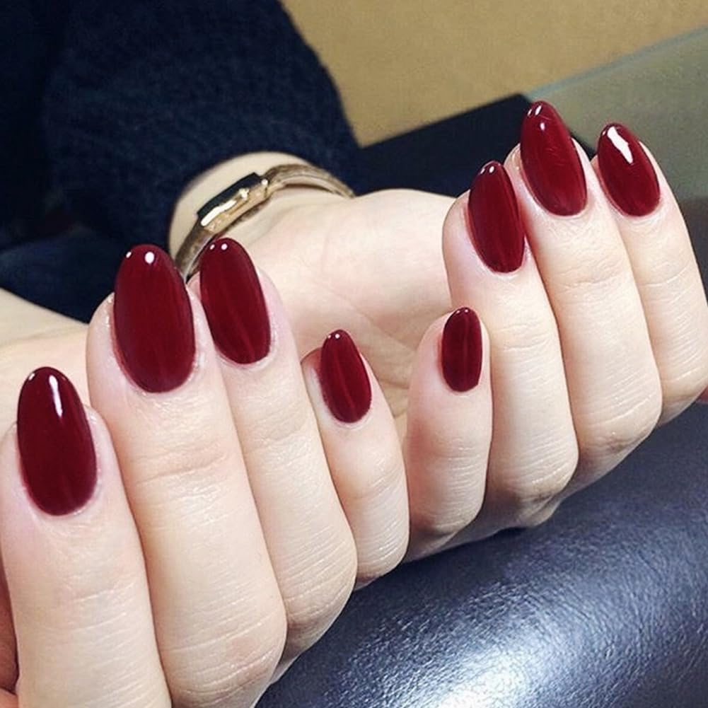 RUPOFUZA Red Almond Press on False Nails Medium Round 24pcs Solid Colour Red Designs Acrylic Nail Press ons Artificial Nail Stick on Nails for Women