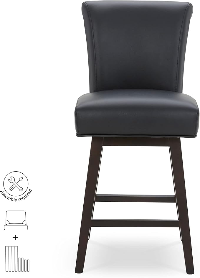 CHITA 26 Inch Counter Height Swivel Bar Stools Set of 2, FSC Certified Modern Upholstered Faux Leather Swivel Barstool Chair with Back, Black