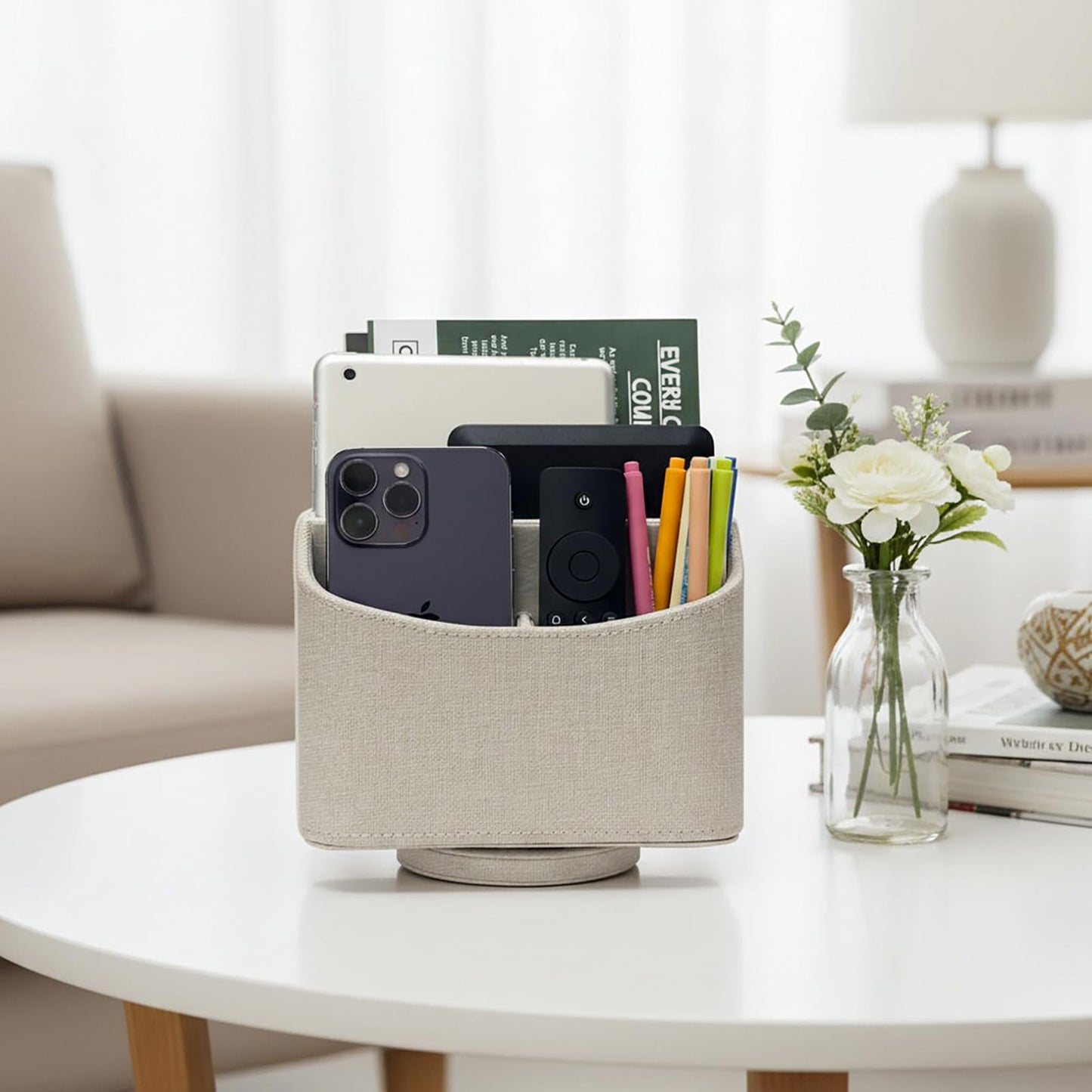 UnionBasic Rotating Desk Organizer, 360 Desk Spinning Caddy, Desktop TV Guide/Mail/Media/Remote Controller Holder Organizer, Beige