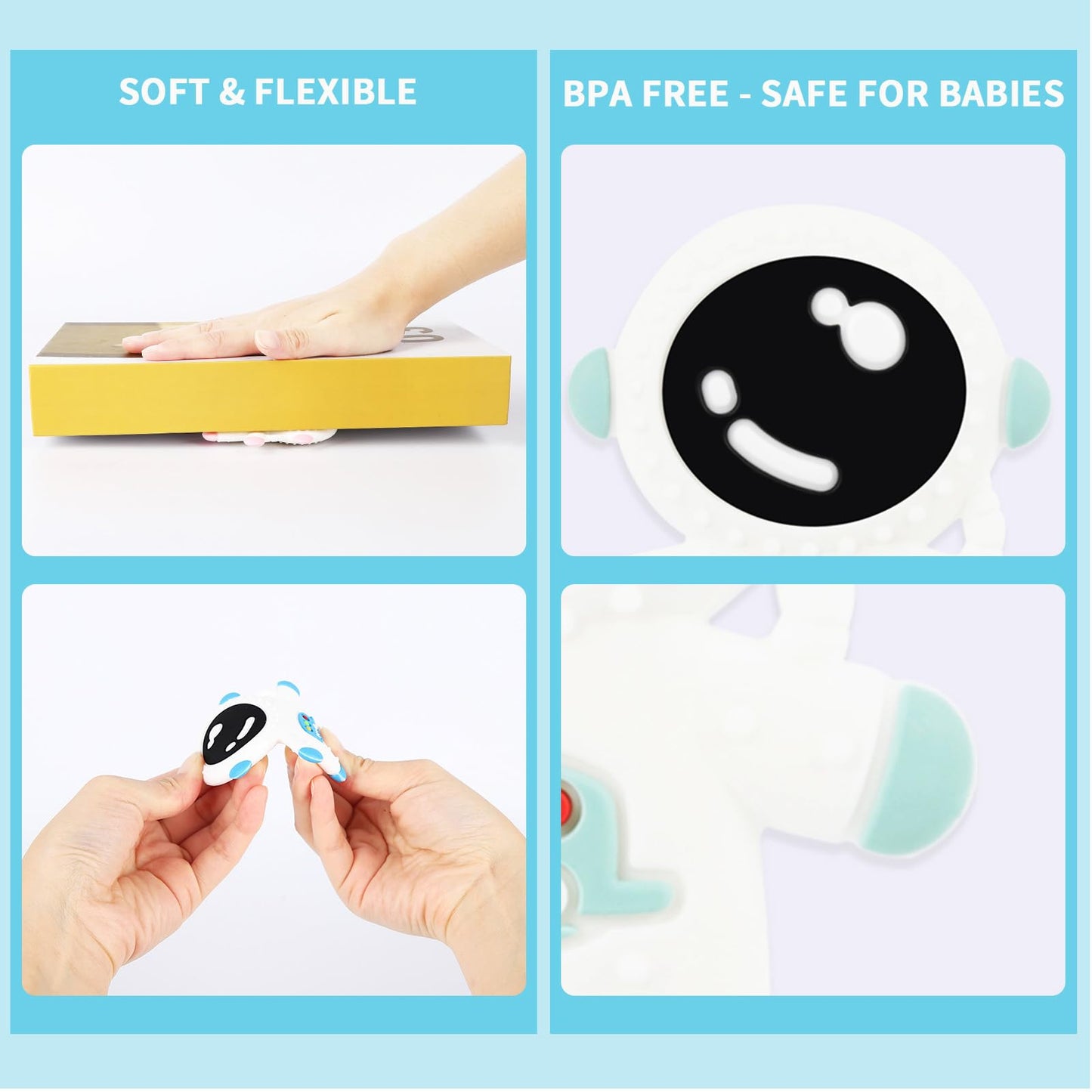 Cuxnoo Baby Teething Spaceman Toy for 3+ Months Infants Sucking, Food Grade Silicon Astronaut Styling Teether, BPA Free (4 in 1 Pack)