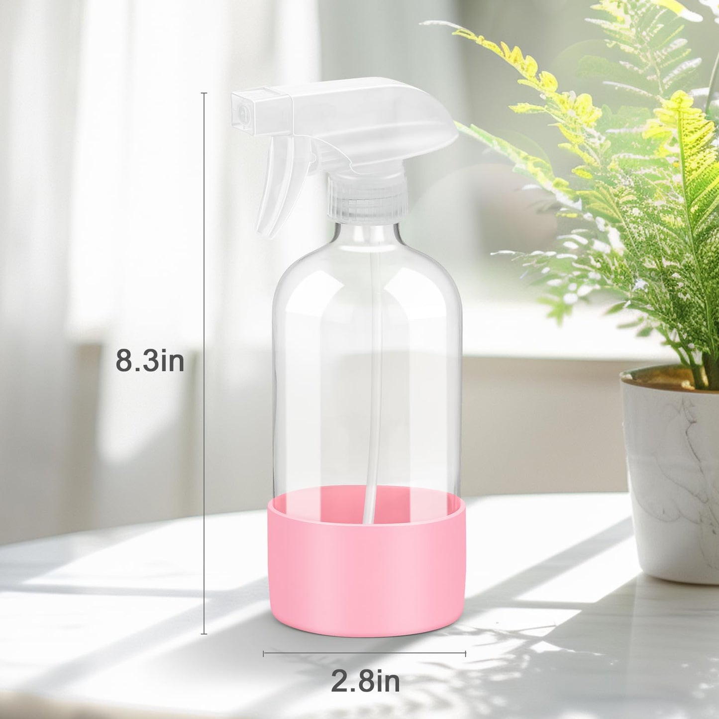 Worldgsb 2 Pack Glass Spray Bottles with Silicone Sleeve, 16 oz Empty Refillable Containers with Adjustable Spray Nozzles, Spray Bottles for Hair, Cleaning Solutions and Plants Pink&Grey