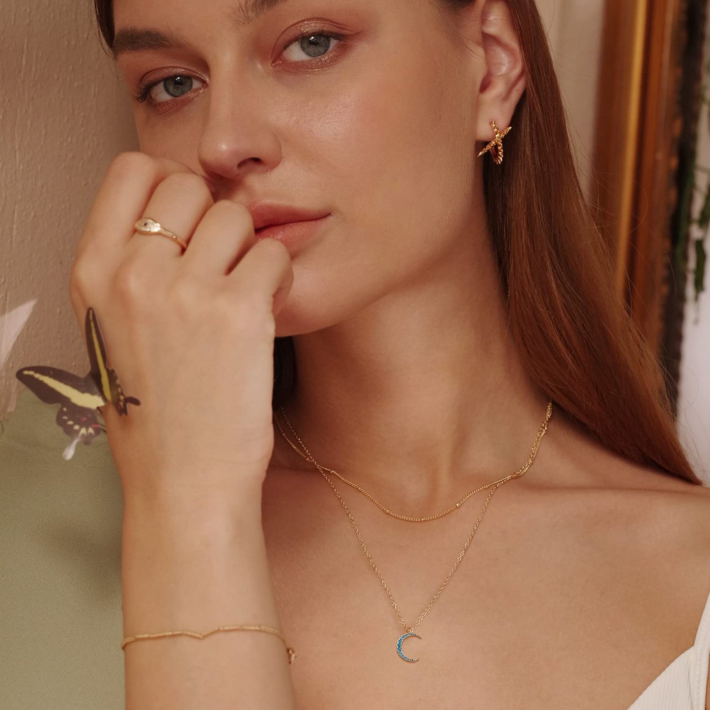 MEVECCO Gold Dainty Layered Crescent Necklace Half Moon Necklace 18K Gold Plated Delicate Moon Phase Tiny Turquoise Jewelry