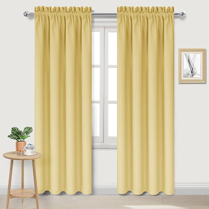 DWCN Blackout Curtains for Bedroom – Rod Pocket Thermal Insulated Noise Reducing Noise Reducing Drapes for Living Room, W 42 x L 84 Inch, 2 Panels, Light Yellow