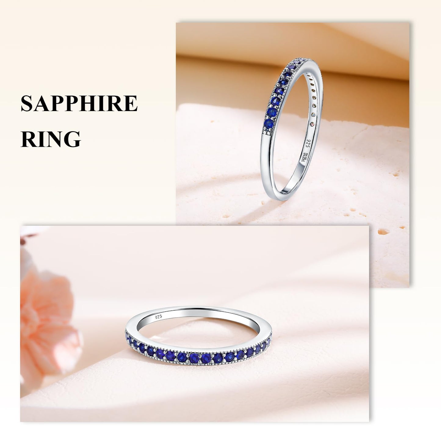 AGRULE Sapphire Eternity Band Stackable Wedding Rings for Men Women Sterling Silver Polished Finish September Birthstone Rings Saphire Ring Size 9
