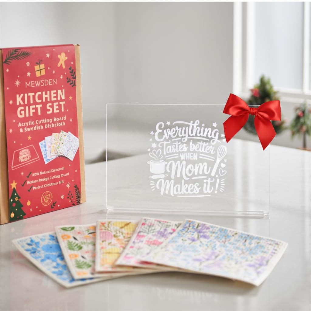 Mom Gifts Set from Daughter Son - Engraved Acrylic Cutting Board with 5-pack Floral Swedish Dishcloth Cooking Gift for Mom Mother Birthday Present Aesthetic Kitchen Decor