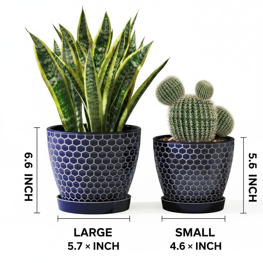 Docrin Blue Honeycomb Ceramic Plant Pot Set - 6.6"+5.5" Inch, Modern Decorative Planters with Drainage Holes & Saucers for Indoor/Outdoor Home Office