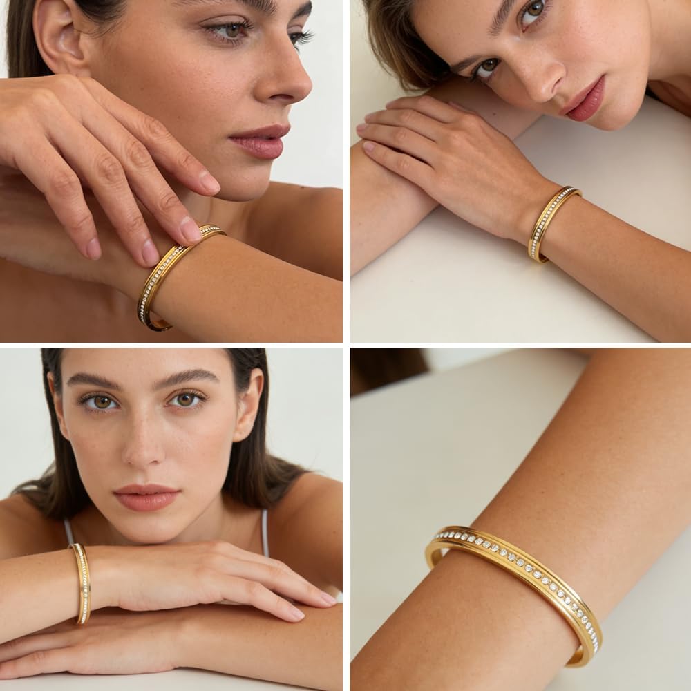 BRIGFUTU 18K Gold Plated Bangles for Women, Dainty Stainless Steel Hinged Bangle Bracelets Set of 2, Waterproof Minimalist Cubic Zirconia Stackable Jewelry Gift for Her