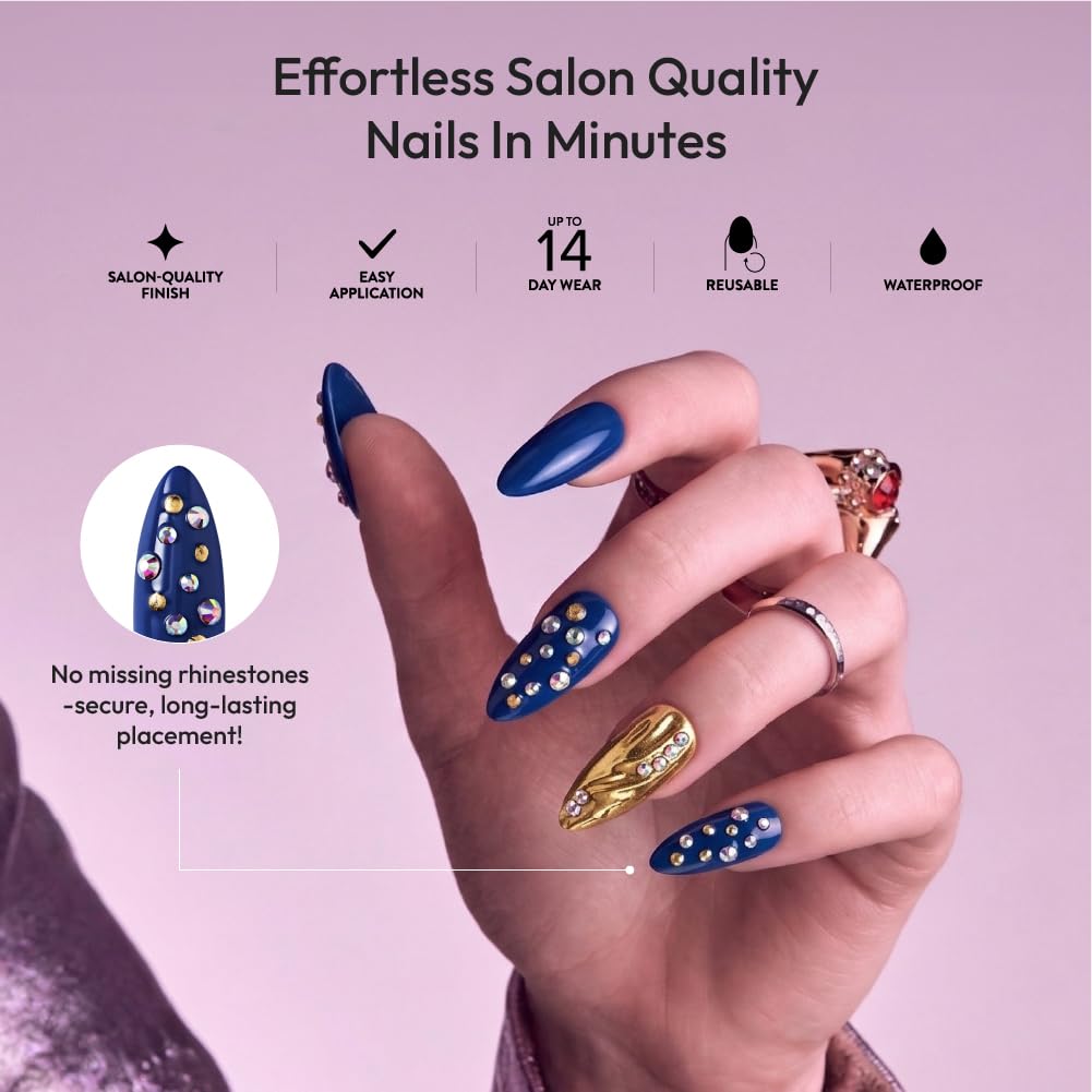 Glitzy 3D Handmade Press On Nail Kit, Rhinestone Gem Blue Gold Chrome Long Almond False Nail, Reusable & Lasts Up To 2 Weeks, Seamless Snug Fit Technology, Includes Glue, File & 28Pcs Manicure Set