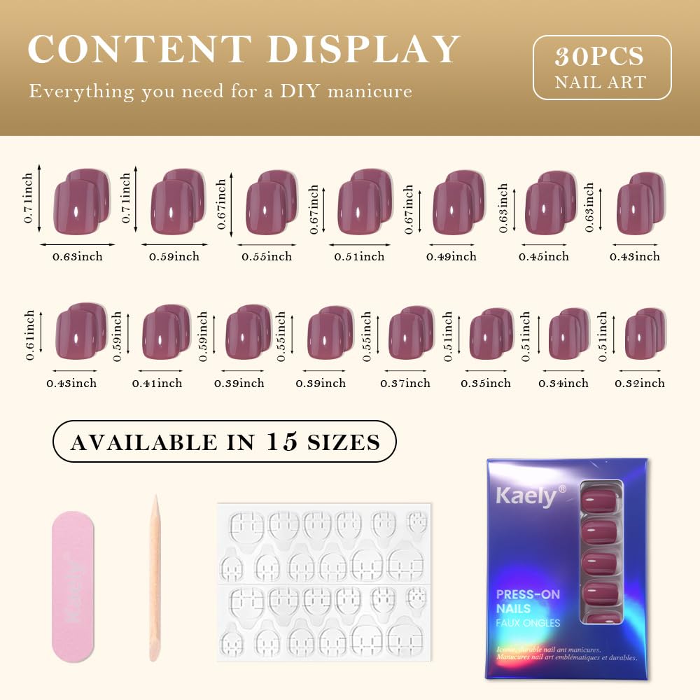 evpct Maroon Glossy Press on Nails Short Square No Glue, Glossy Maroon Fake Nails Summer Reusable, Acrylic False Nail Stick on Press ons for Women Gift, Perfectly Fit Durable False Nail Kit 30Pcs