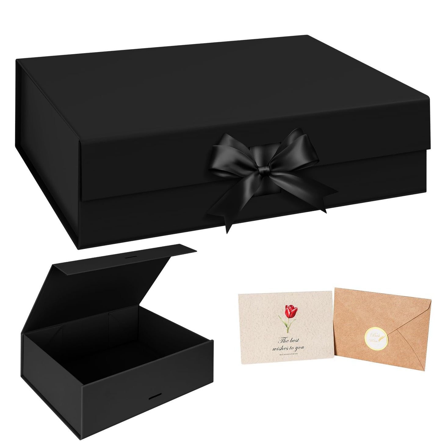 WARMGBOXCO 1 PCS Black Gift Box 13x9x4Inch,Gift Boxes with Lids for presents,Collapsible Boxes for Gifts,With Greeting Card,Suitable for Bridesmaid Proposal Box,Birthday Gift Box,Etc.