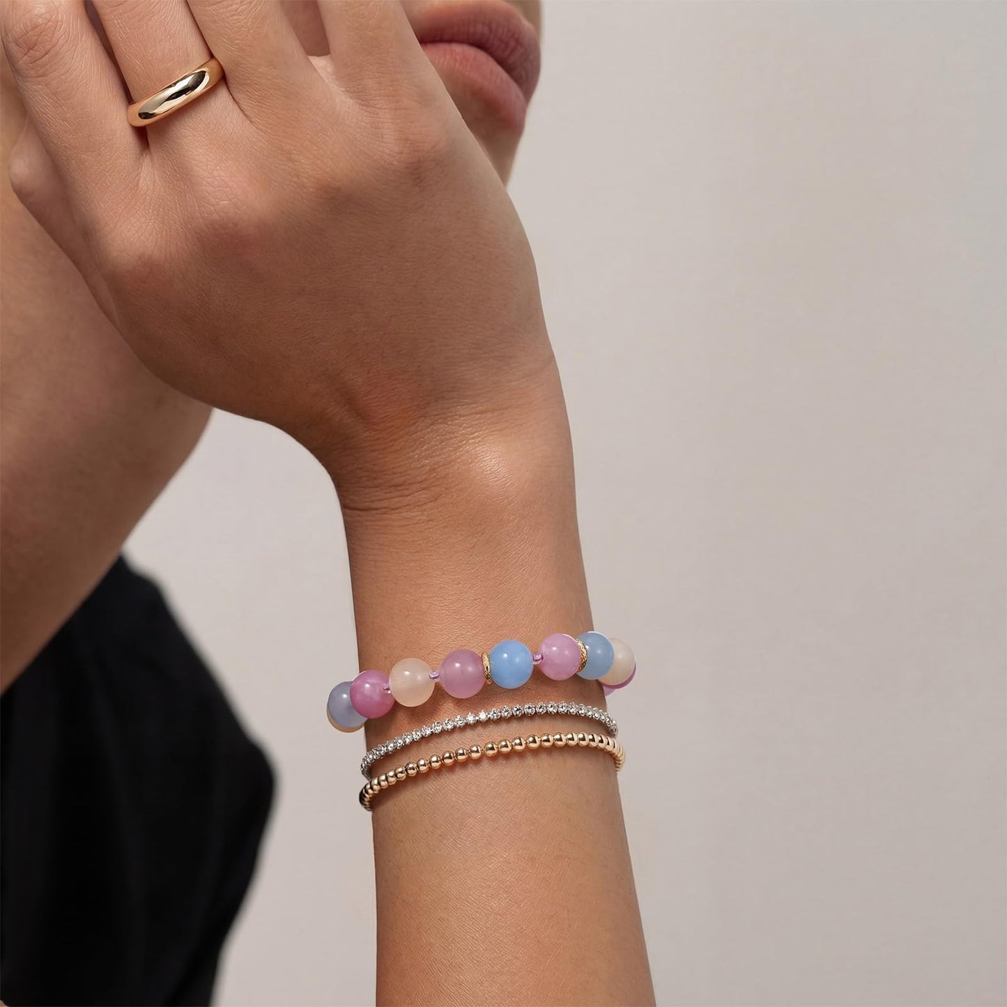 KissYan Beaded Bracelets for Women, Colorful Natural Stone Boho Bead Bracelet for Beach, Handmade Gemstone Summer Jewelry Gifts (Morganite)