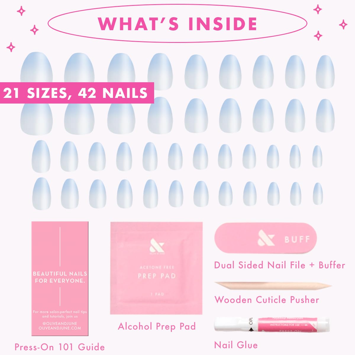 Olive & June Instant Mani Press-On Nails (Glue) | 42 Fake Nails, 21 Sizes | Non-Toxic, Long-Lasting Recycled Materials Realistic Look | Spring Flowers & Patterns |Medium, Almond | BP Ombre
