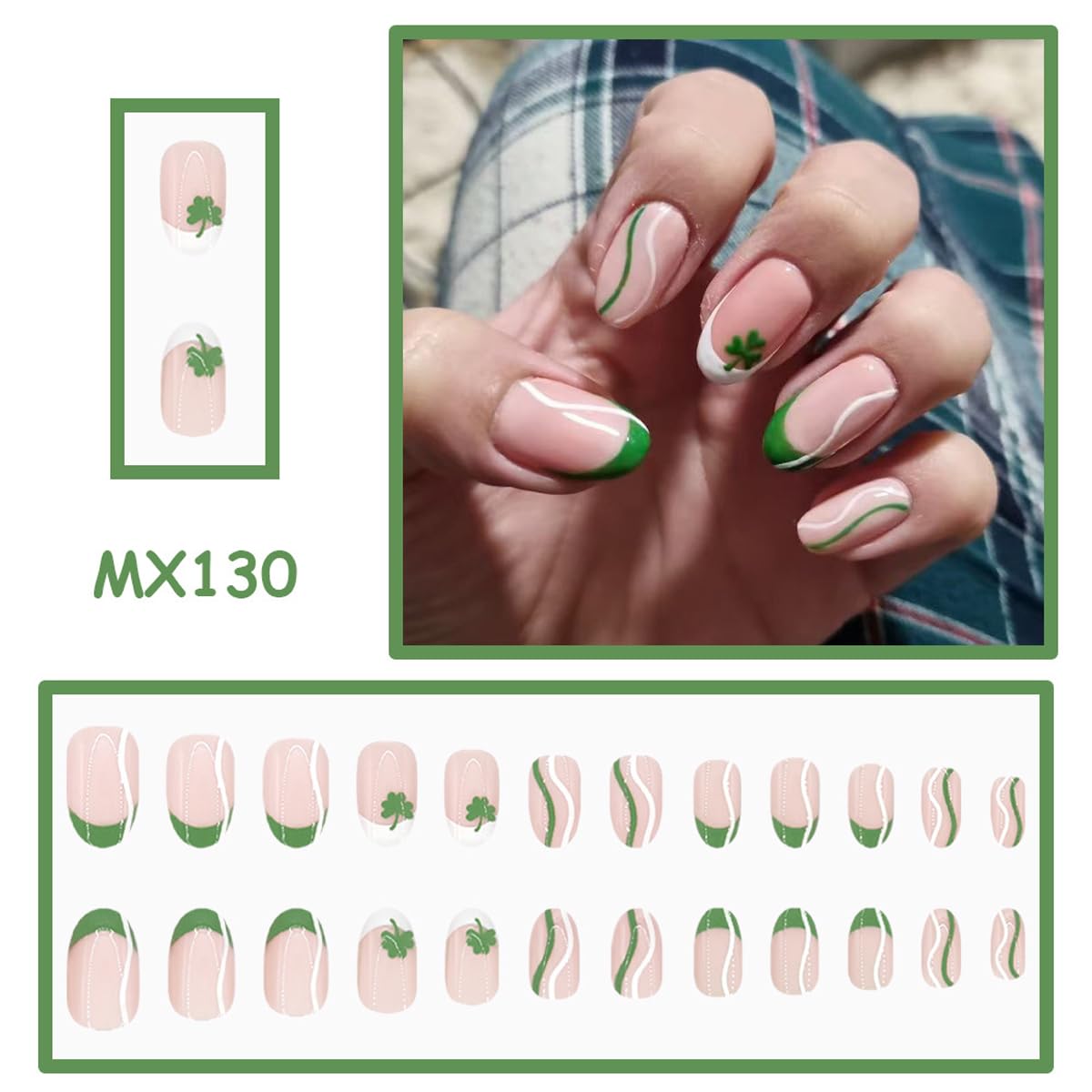 St. Patrick's Day Press on Nails Medium Oval Fake Nails Green French Tip Glue on Nails Press ons with Striped, Clover Design,St. Patrick's Day Nail Full Cover Stick on Nails for Women Manicure 24Pcs