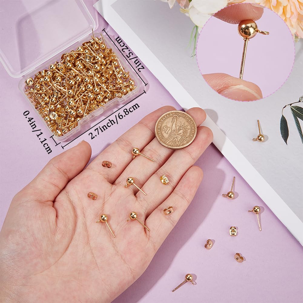 Beebeecraft 1 Box 100Pcs Ball Post Earring Studs Gold Earring Posts with Loop Small 5mm Round Ball 24K Gold Plated Stainless Steel Stud Earring Findings for Jewelry Making Earrings Supplies DIY Crafts
