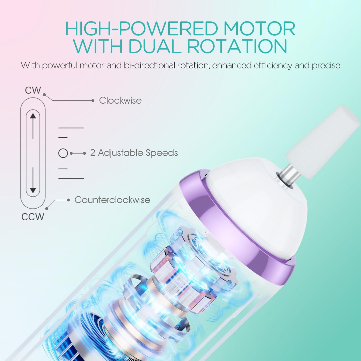 VOGOE Electric Nail Drill, Cordless Nail File Machine Kit 2 Directions & Speeds for Acrylic, Gel Nails, Rechargeable with LED & 6 Nail Drill Bits for Professional Manicure and Pedicure, Purple ND310