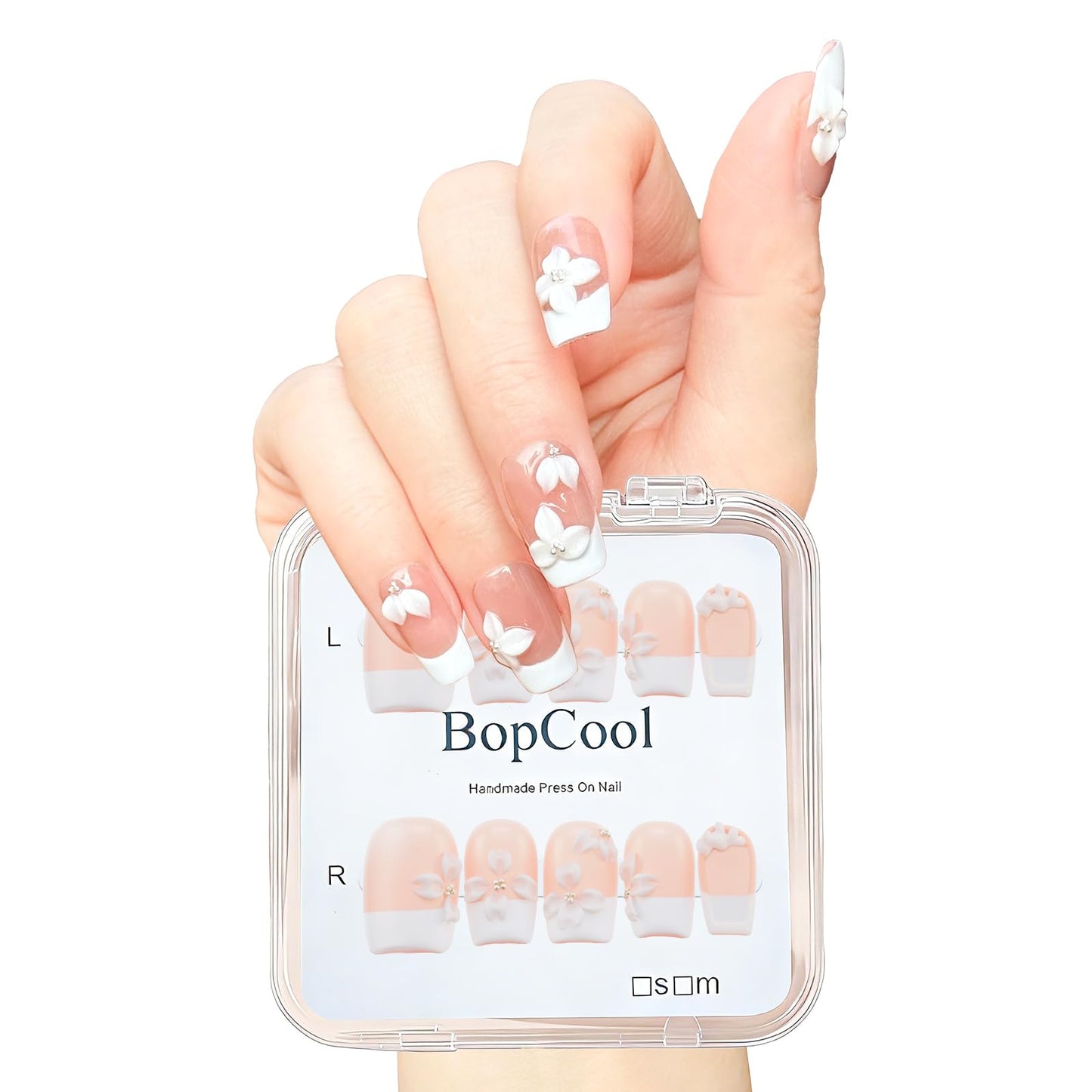 Handmade Press on Nails Short Coffin - French Tip Acrylic Fake Nails with 3D White Flower Designs, Elegant & Simple False Nails, Salon-Quality DIY Nail Art（M-10PCS)