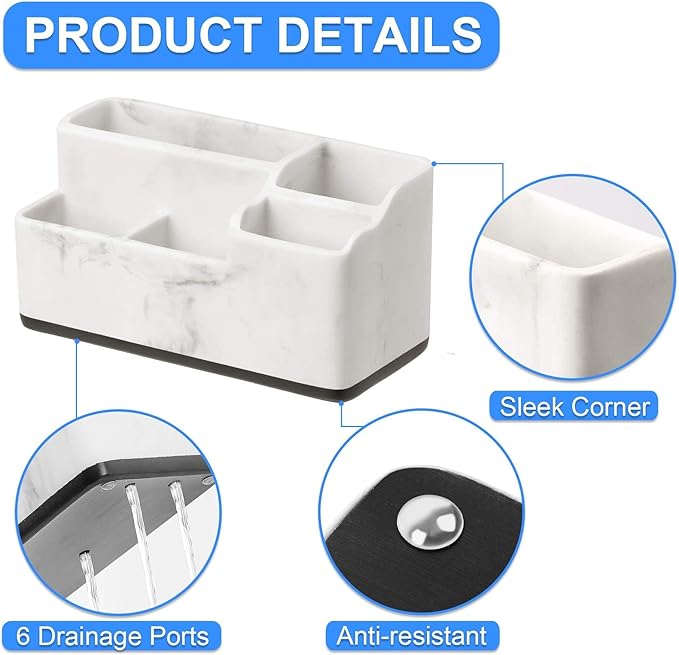 VITVITI Toothbrush Holder for Bathroom, Bathroom Storage Organizer, Small Counter Stand Accessories, for Toothpaste/Vanity Countertop, 5 Compartments Drainage Organization, White Resin of Marble Color