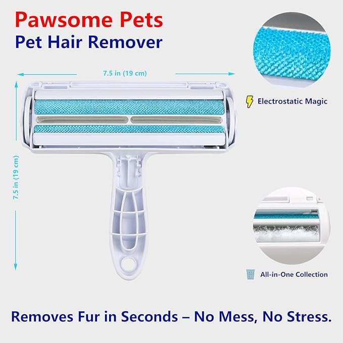 Pawsome Pets Pet Hair Remover Gift Set Reusable Lint Roller Cat and Dog Hair Remover for Furniture, Couch, Carpet, Clothing and Bedding - Portable, Multi-Surface Fur Removal Tool