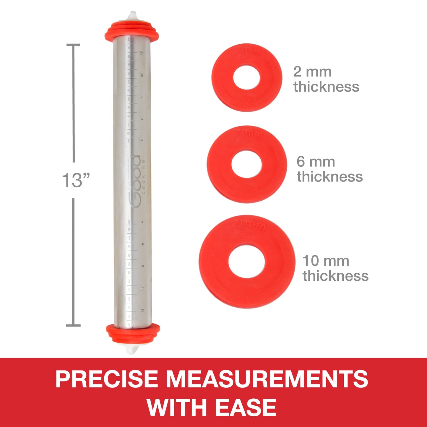 Adjustable XL Pastry Rolling Pin w/ 3 Spacer Rings- Adjust Dough Height for Consistent Thickeness- Heavy Duty NonStick Stainless Steel French Roller 17" Barrel- Bake Easter Cookies, Bread, & Pasta