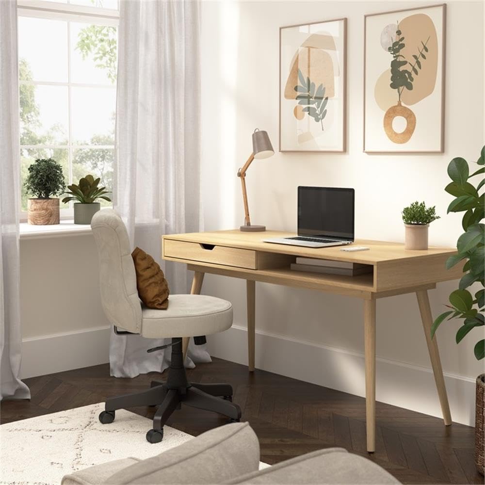 Bush Home Nora 54W Writing Desk with Storage in Natural Oak | Large Wooden Computer Table for Home Office, Study Room, or Entryway