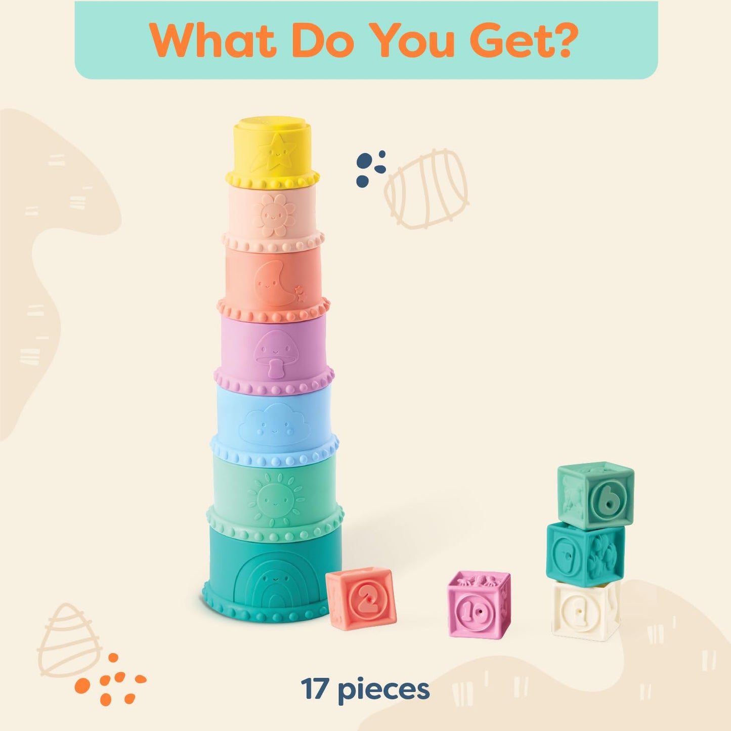 B. toys – Sensory Baby Toys – Soft Baby Blocks – Stacking Drip Cups – Numbers, Shapes & Animals – 6+ Months – Stackin' Squishies