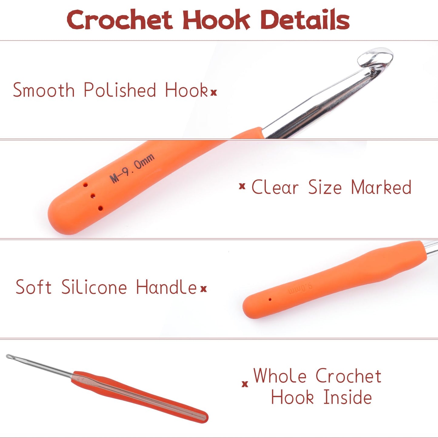 BsHooker 22 Sizes Crochet Hooks Set with Storage Case,0.5mm-10mm Crochet Hooks with Ergonomic Soft Handle for Arthritic Hands,Crochet Kit for Beginners,Red