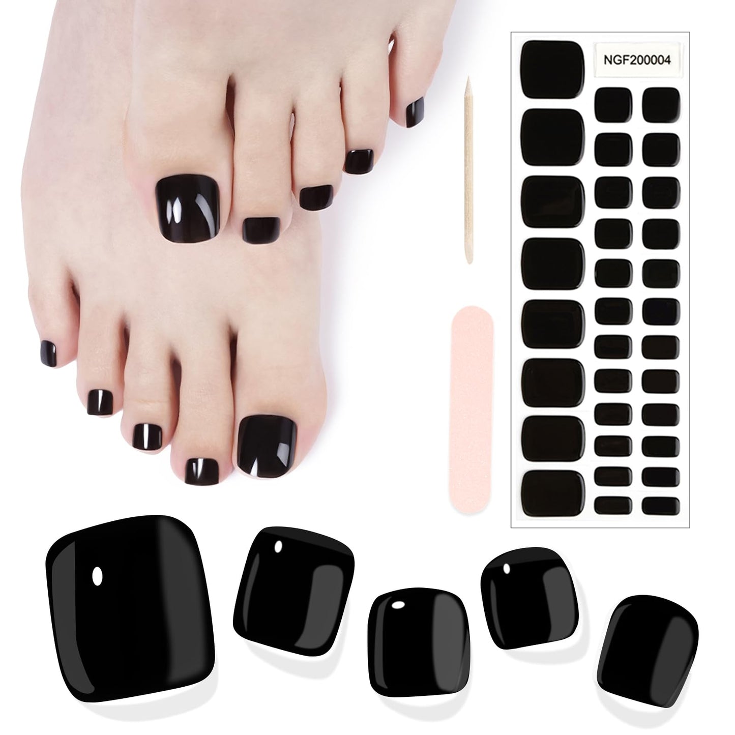SILPECWEE Semi Cured Gel Nail Strips, Toenails Stickers Full Nail Wraps UV Light Required, Salon Quality, Easy to Apply & Remove, Toenail Strips for Women Girl (Midnight Black - 32PCS)