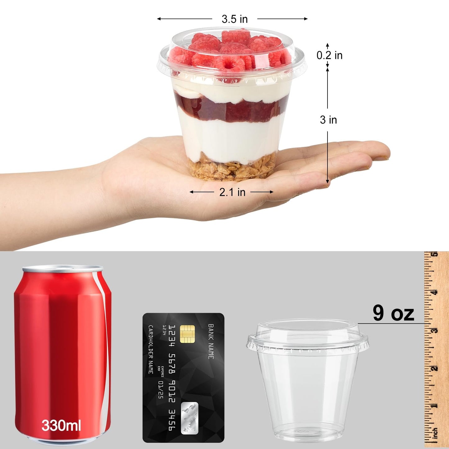 Jycnolm 50 Pack 9 oz Plastic Dessert Cups with Lids, Small Plastic Yogurt Parfait Cups, Mini Round Party Serving Cup for Pudding, Fruit, Cake, Appetizer, Dessert Shot Glasses