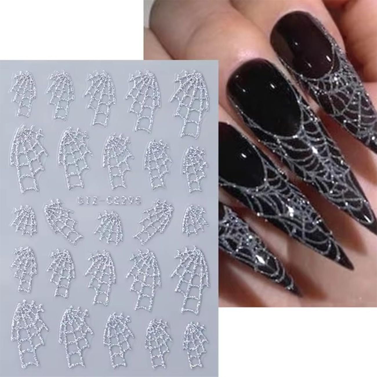 8Sheets Halloween 3D Glitter Spider Nail Art Stickers - Self-Adhesive Black Gold Silver Spider Web Decals - Luxury Gothic Design for Women DIY Nail Decoration