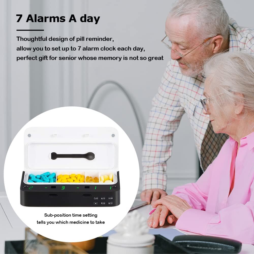 Pill Dispenser with Alarm, Daily Medicine Pill Organizer with up to 7 Alarms A Day,Smart Pill Box 6 Compartments, Christmas Thanksgiving Gift Pill Reminder for Elderly (Blue)