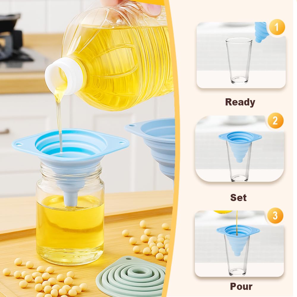 Kitchen Funnel Set, 2025 New Food Grade Silicone Collapsible Small Funnel for Kitchen Use, Kitchen Funnels for Filling Water Bottle Liquid Transfer Kitchen Gadgets (3 pcs)