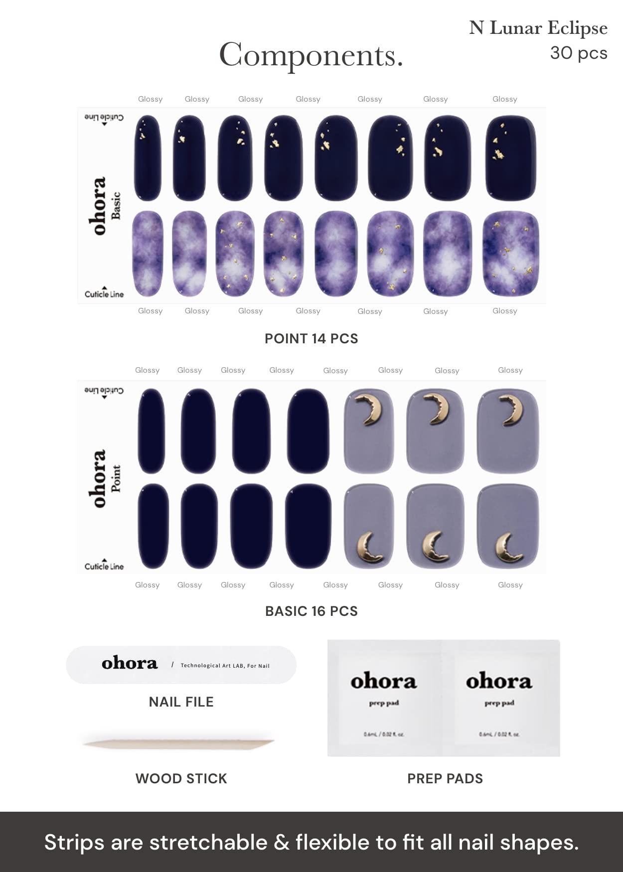 ohora Semi Cured Gel Nail Strips (N Lunar Eclipse) - Dark, Patterned, Works with Any UV/LED Lamps, Salon-Quality, Long Lasting, Easy to Apply & Remove - Includes 2 Prep Pads, Nail File & Wooden Stick