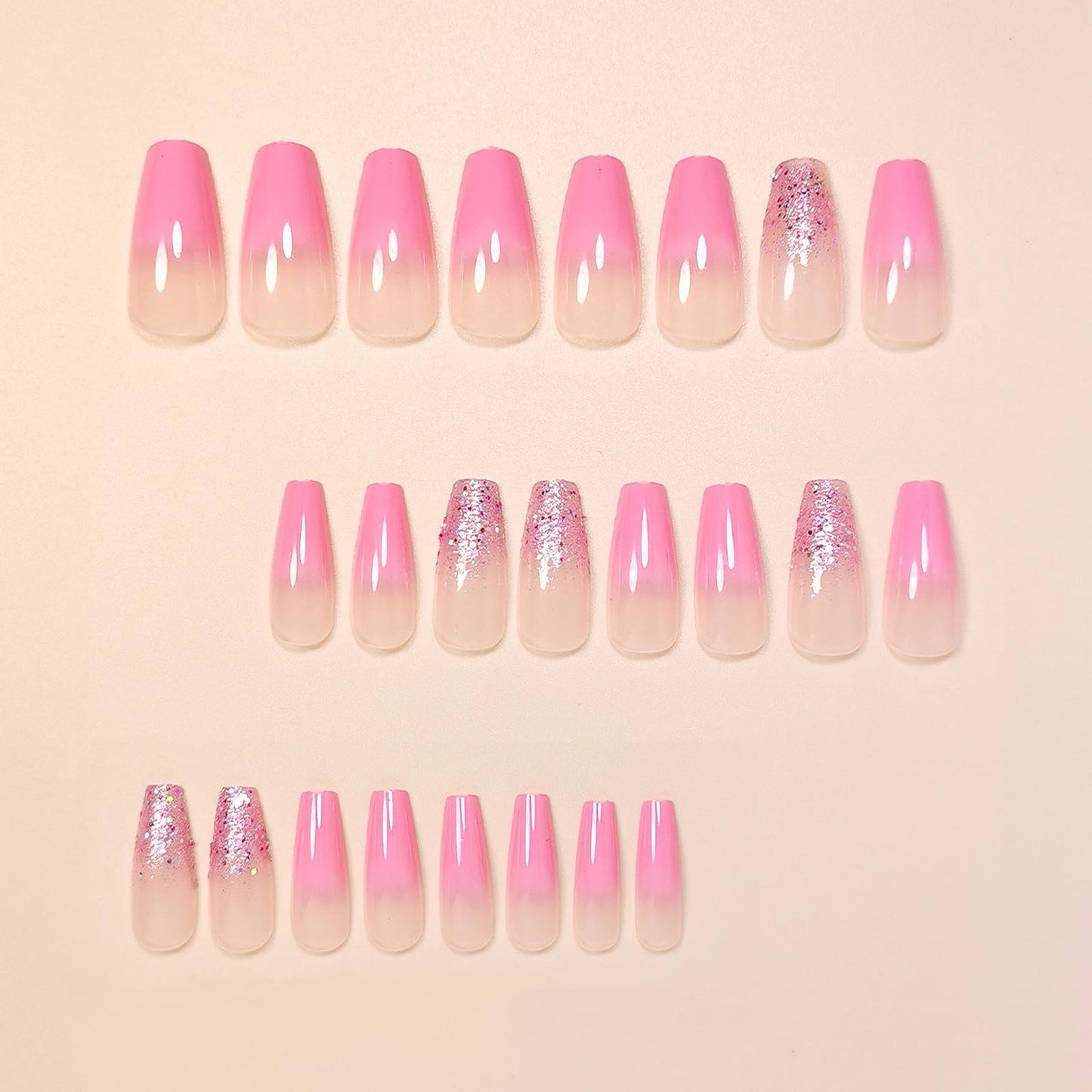 MISUD Press on Nails - Long Coffin Fake Nails with Pink Ombre, Acrylic Bling Glitter Design 24 pcs