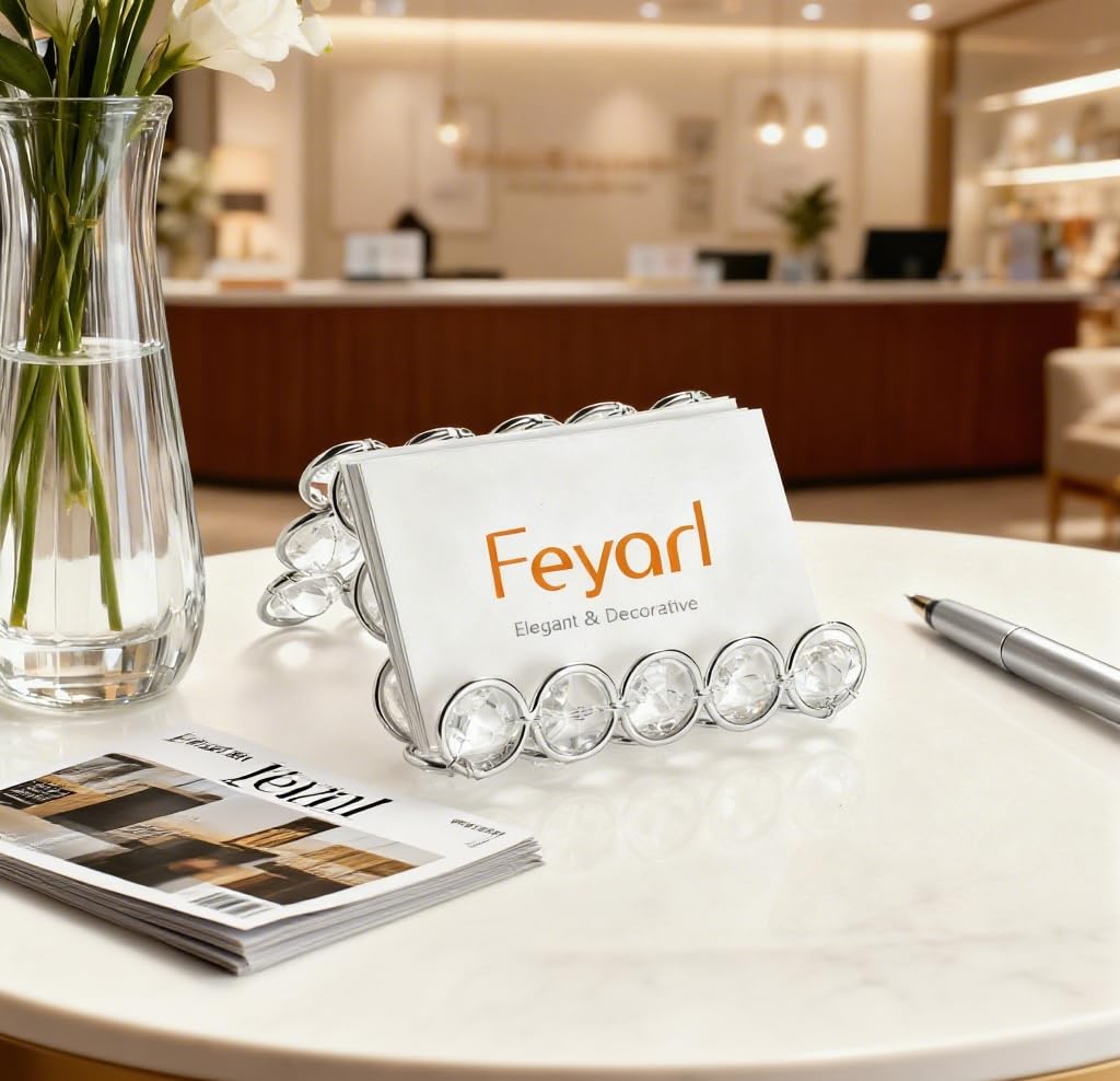Feyarl Crystal Business Card Holder Stand Office Business Name Cards Display Sparkly Desktop Gift Card Photo Organizer Storage for Office Meeting Desk Front