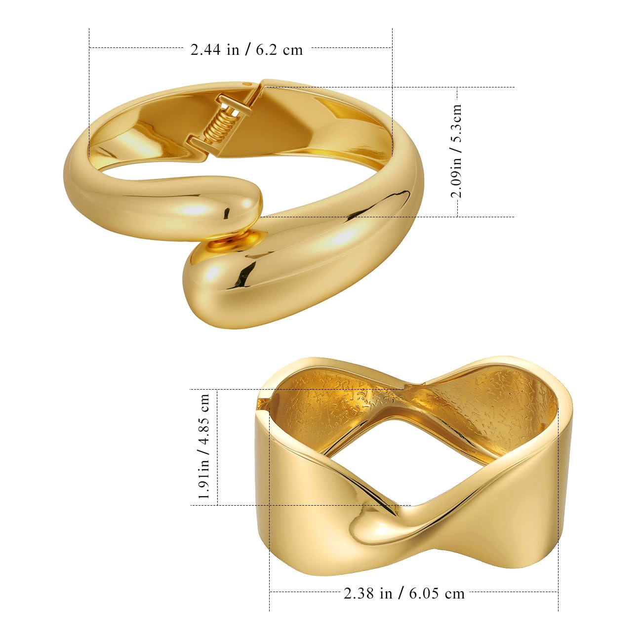 Emibele Gold Bangle Cuff Bracelet Stack, Chunky 18K Gold Plated Teardrop Hinged Thick Bangle Bracelet Set, Non Tarnish Bracelets for Women, 2 Pack, Gold