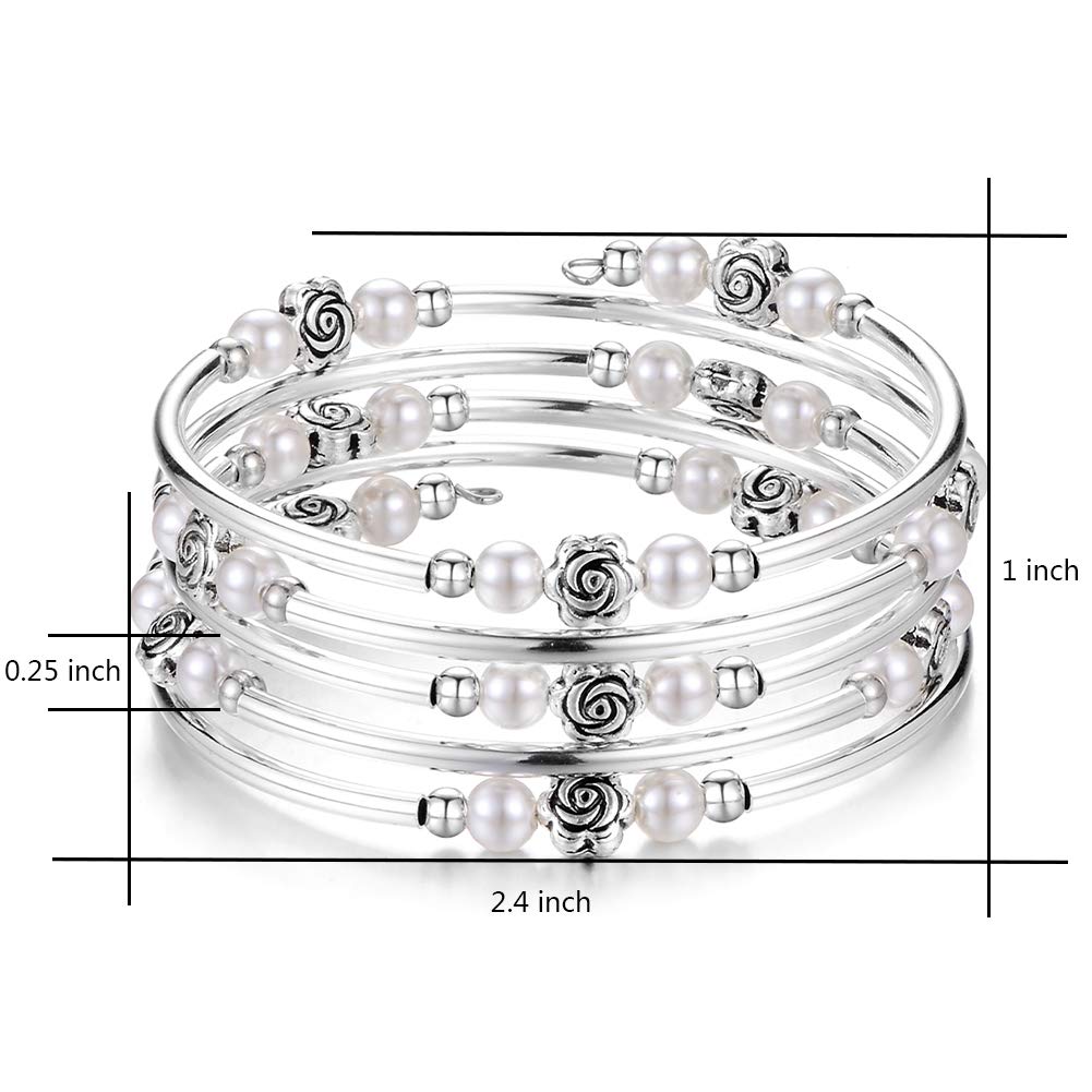 BULINLIN Wrap Bangle Rose Bead Bracelet - Beaded Bracelet with Natural Agate Stone Gifts For Women(01-White pearl)