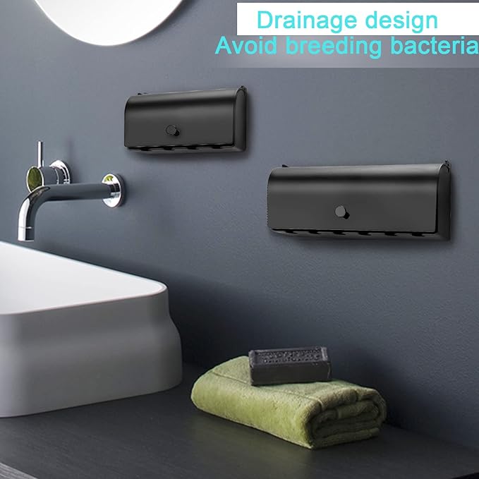 4-Slot Stainless Steel Toothbrush Holder with Cover - Wall Mounted, Dustproof, Self-Adhesive, Rustproof Bathroom Organizer for Toothbrush Storage (Black)