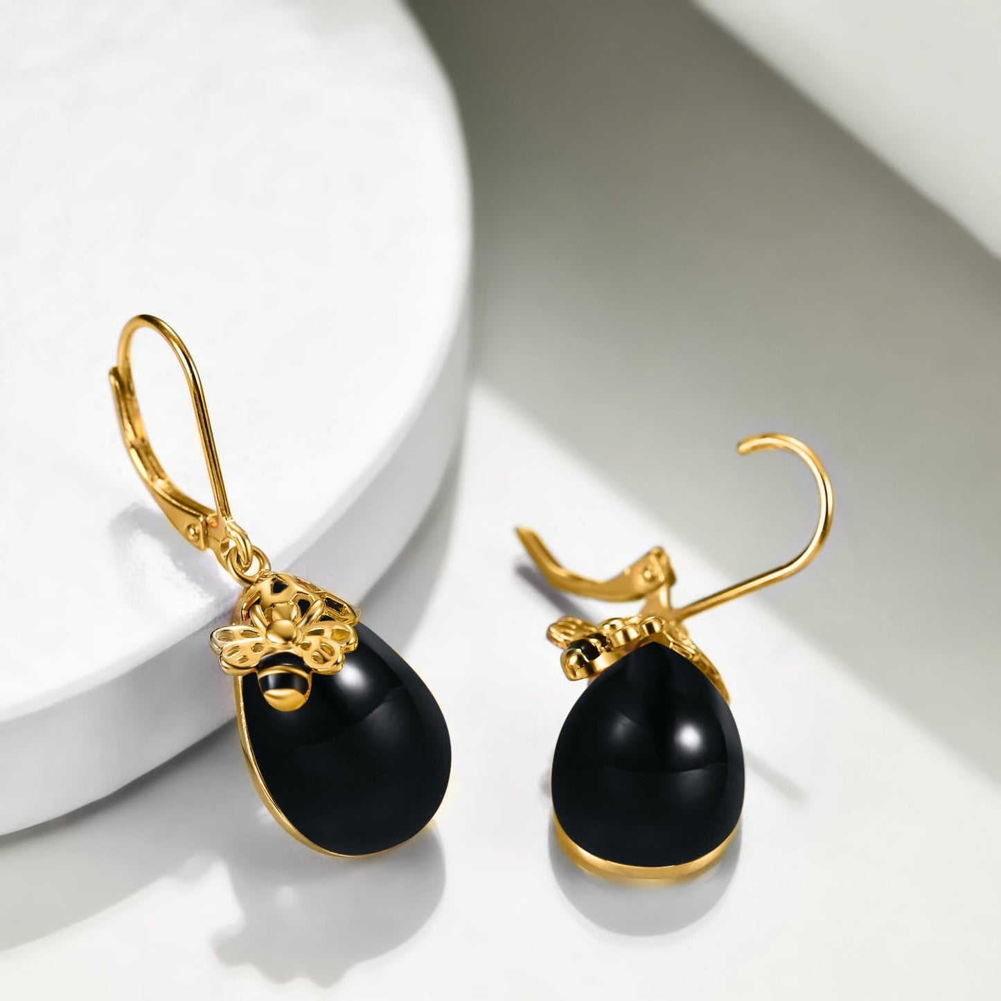 TIGERRIDER Bee 925 Sterling Silver French Clasp Earrings Obsidian Pendant Jewelry Gift for Women