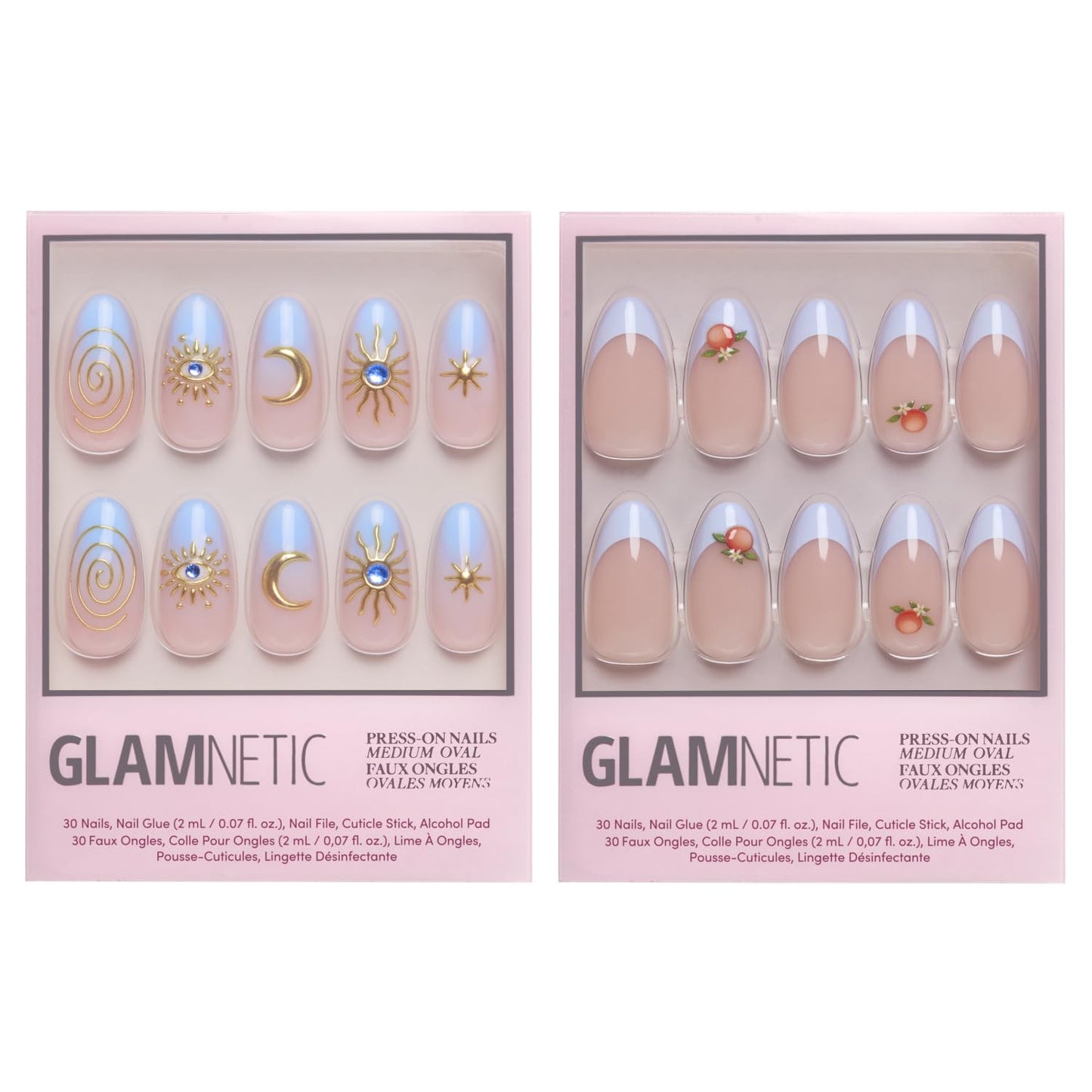 Glamnetic Medium Oval Press-On Nails Bundle - Spirited Sky & Capri Coast | Celestial Fake Nails with Gold Accents | Blue French Tips with Orange Accents | Durable, Salon-Quality Nail Kits
