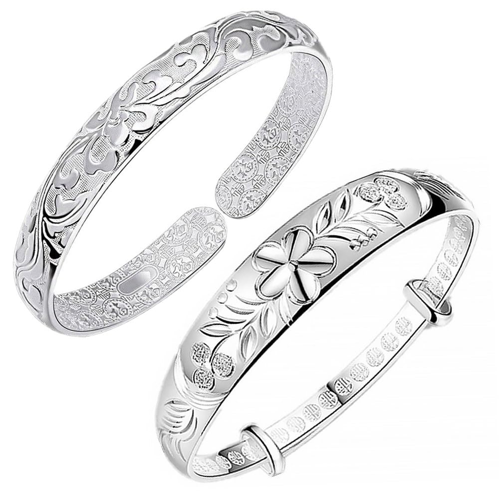 Eyixvan 2 Pack Silver Plated Adjustable Bangle Bracelets for Women, Classical Elegant Flower Bangle Set for Women, Jewelry Gift for Her Valentines Day, Mothers Day, Birthday, Anniversary, Christmas